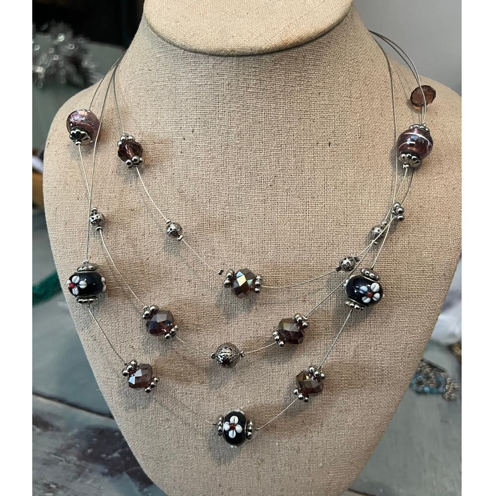 Vintage Necklace Flower Bubbles and Aurora Borealis Gloating Bead Multi Strand